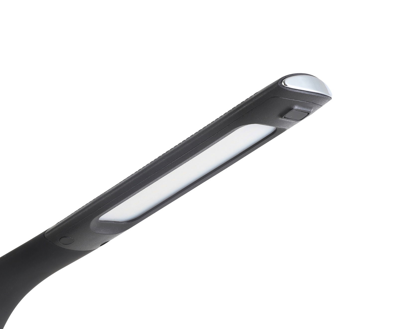 LED-Schreibtischleuchte in seitlicher Perspektive mit modernem Design und schwarzem Gehäuse.