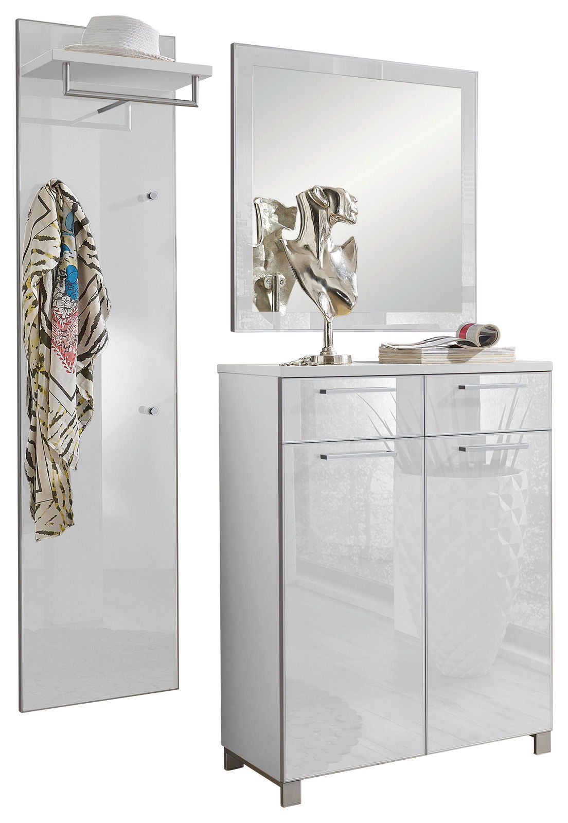 VOSS Garderoben-Set 3-tlg. SANTINA Garderoben-Set in Weiß, bestehend aus einem hohen Paneel mit Haken und Ablage, einem Spiegel und einem Schrank mit zwei Türen und Schubladen, frontal betrachtet.
