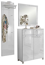 Garderoben-Set in Weiß, bestehend aus einem hohen Paneel mit Haken und Ablage, einem Spiegel und einem Schrank mit zwei Türen und Schubladen, frontal betrachtet.