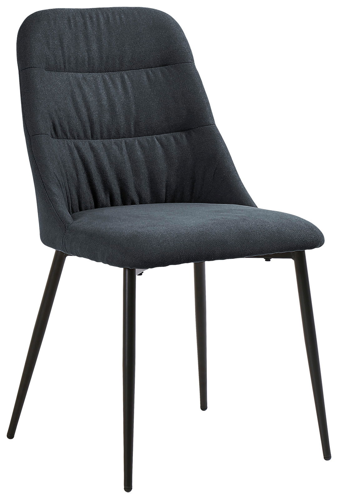 Moderner, dunkelgrauer Stuhl mit gepolsterter Sitzfläche und Rückenlehne, seitliche Perspektive