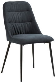 Moderner, dunkelgrauer Stuhl mit gepolsterter Sitzfläche und Rückenlehne, seitliche Perspektive