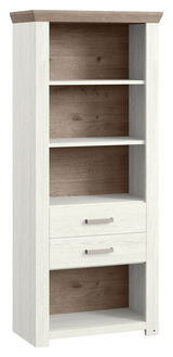 Regal mit zwei Schubladen und vier offenen Fächern in Holzoptik, seitliche Perspektive