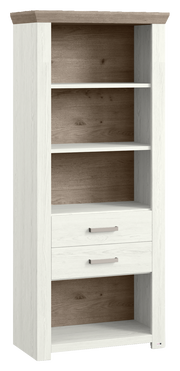 Regal mit zwei Schubladen und vier offenen Fächern in Holzoptik, seitliche Perspektive