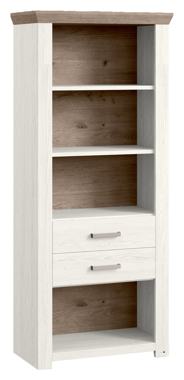 Regal mit zwei Schubladen und vier offenen Fächern in Holzoptik, seitliche Perspektive