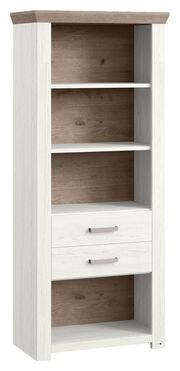 Regal mit zwei Schubladen und vier offenen Fächern in Holzoptik, seitliche Perspektive