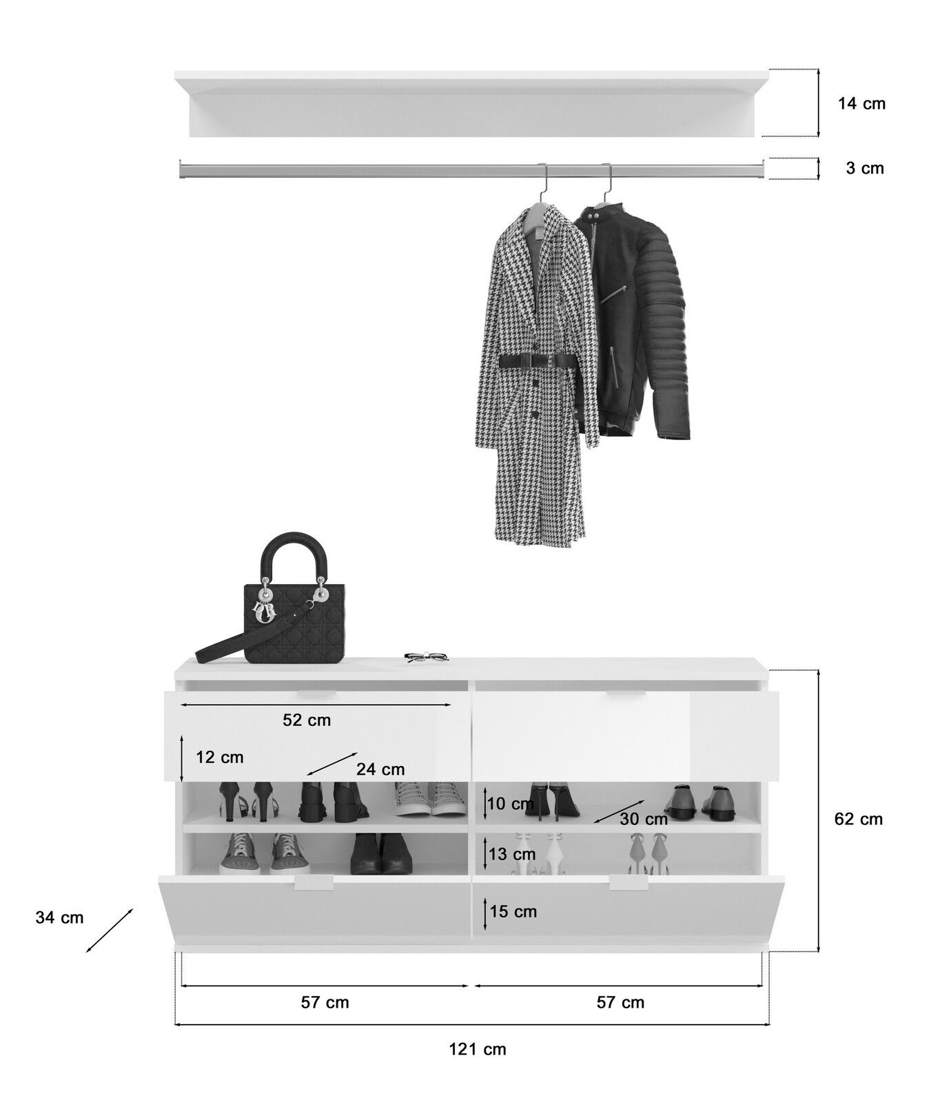 Garderobenkombination in Frontalansicht mit Hängestange für Kleidung und Schuhregalen, inklusive Maßen.