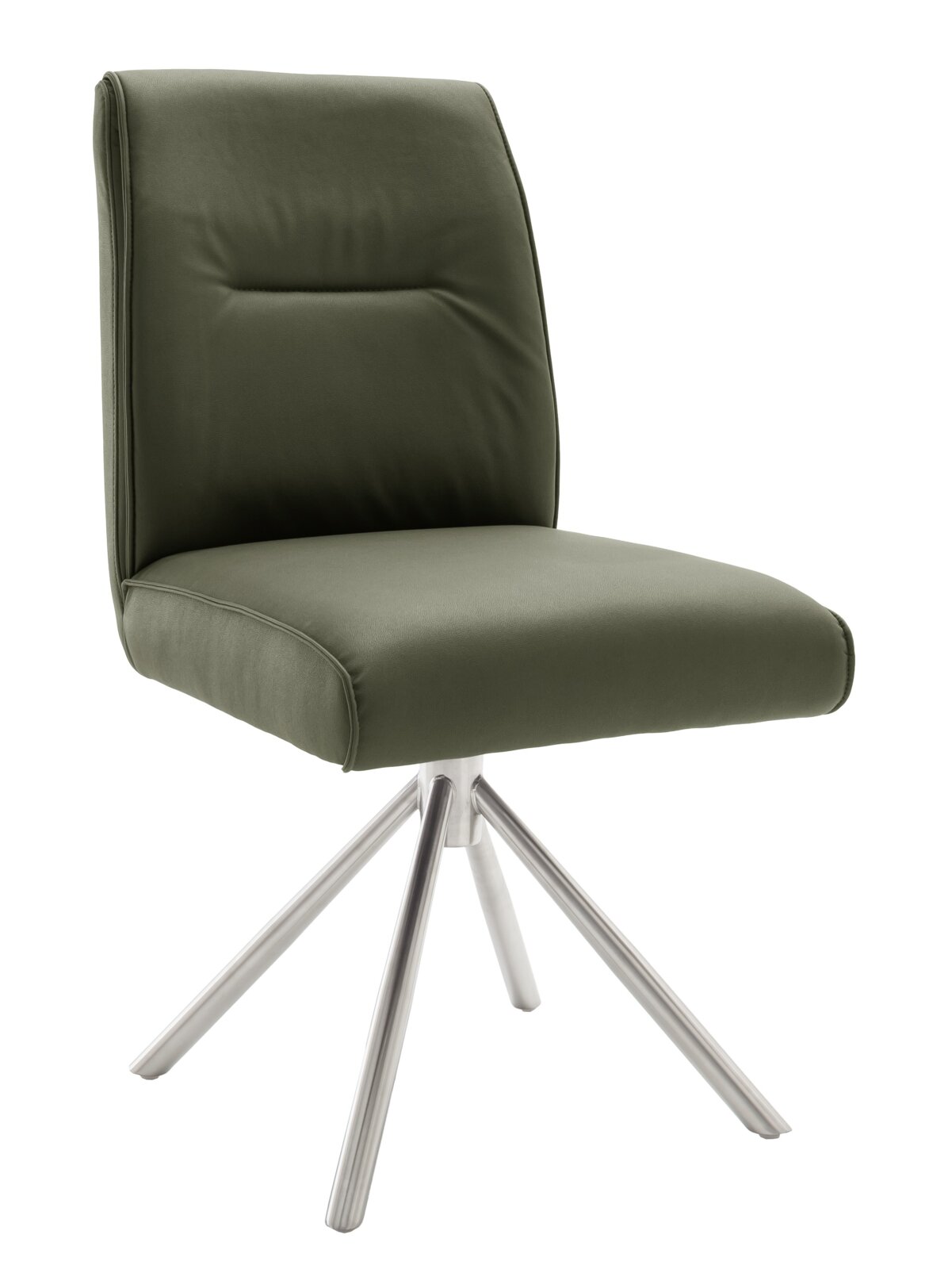 Moderne olijfgroene gestoffeerde stoel met comfortabele hoge rugleuning en glanzend metalen steronderstel, schuin van voren weergegeven.