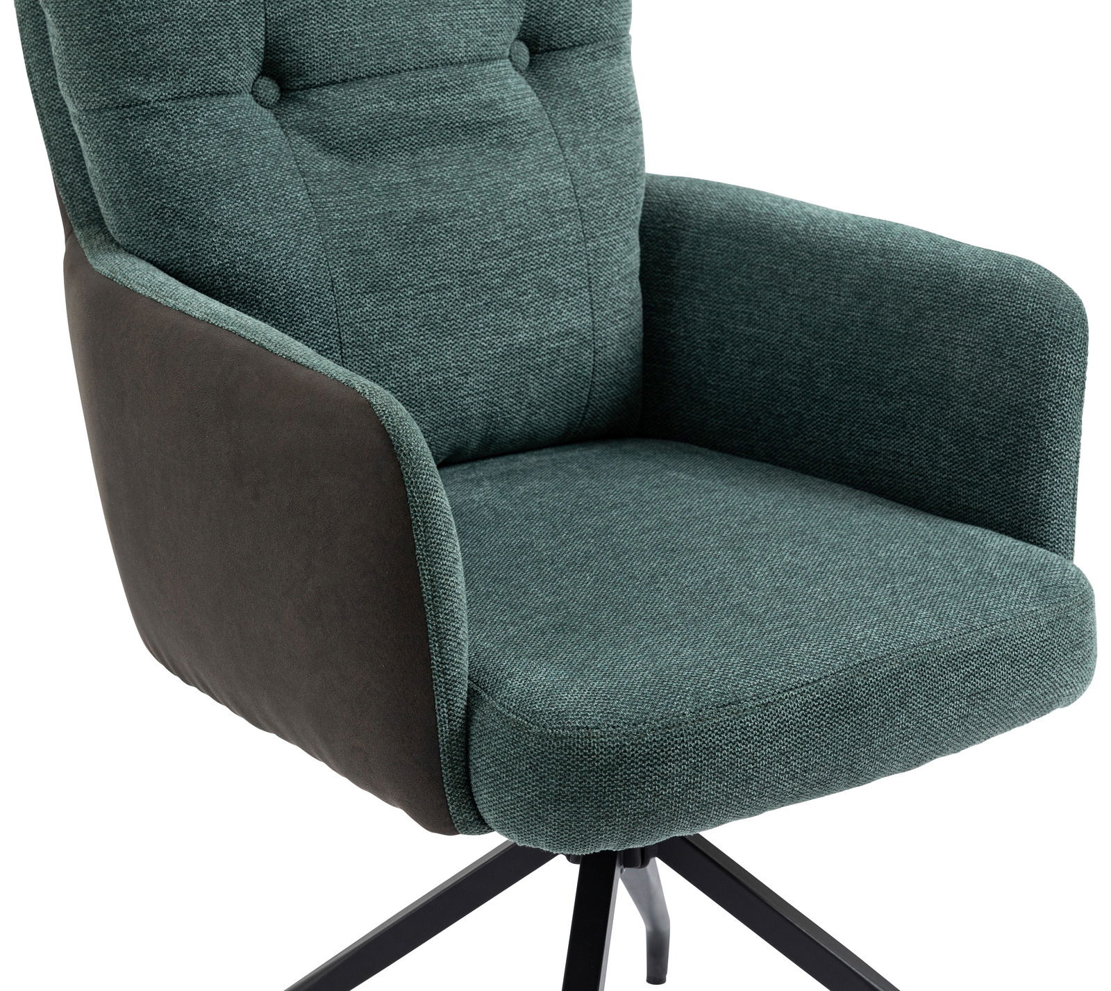 Moderner Sessel in Grün mit schwarzem Metallgestell, seitliche Perspektive