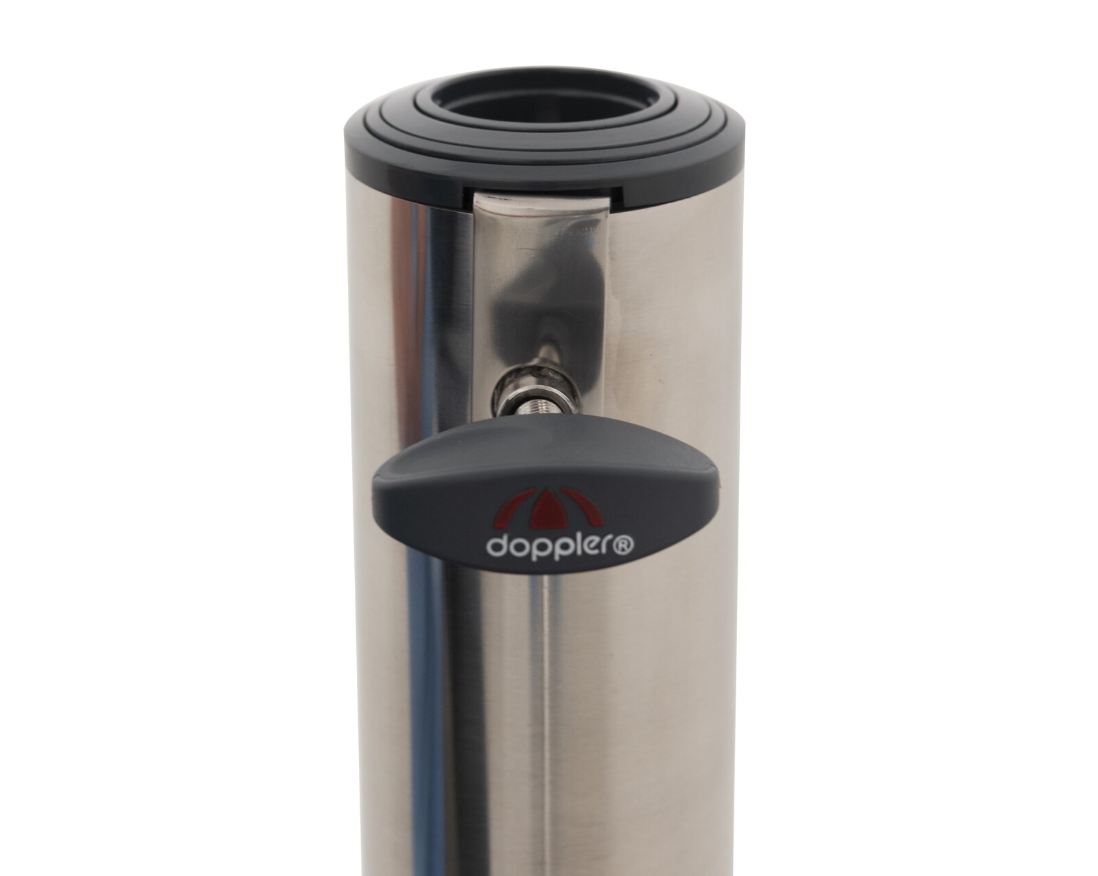 Doppler Rollsockel Easy Move Switch Nahaufnahme eines Rollsockels aus Edelstahl mit schwarzem Griff und dem Logo 'doppler' auf der Vorderseite.