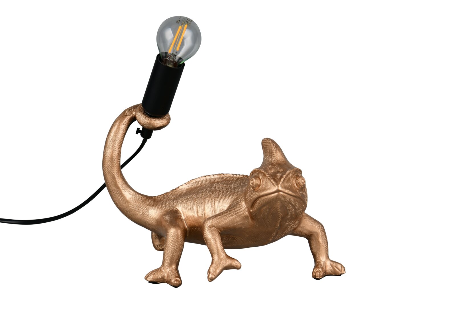 Goldene Tischleuchte in Form eines Chamäleons mit einer Glühbirne auf dem Schwanz, seitliche Perspektive