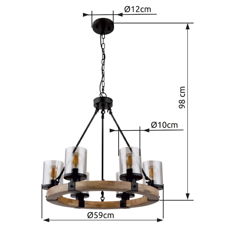 Hängeleuchte mit fünf Glühbirnen, Metall- und Holzelementen, aus seitlicher Perspektive.