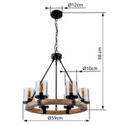 Hängeleuchte mit fünf Glühbirnen, Metall- und Holzelementen, aus seitlicher Perspektive.