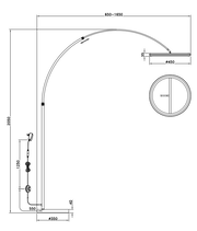 Technische Zeichnung einer LED-Bogenleuchte mit seitlicher Perspektive, zeigt Maße und Details der Konstruktion.