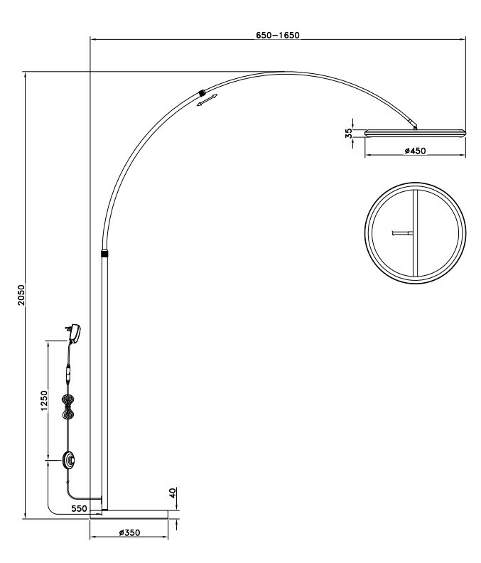 Technische Zeichnung einer LED-Bogenleuchte mit seitlicher Perspektive, zeigt Maße und Details der Konstruktion.