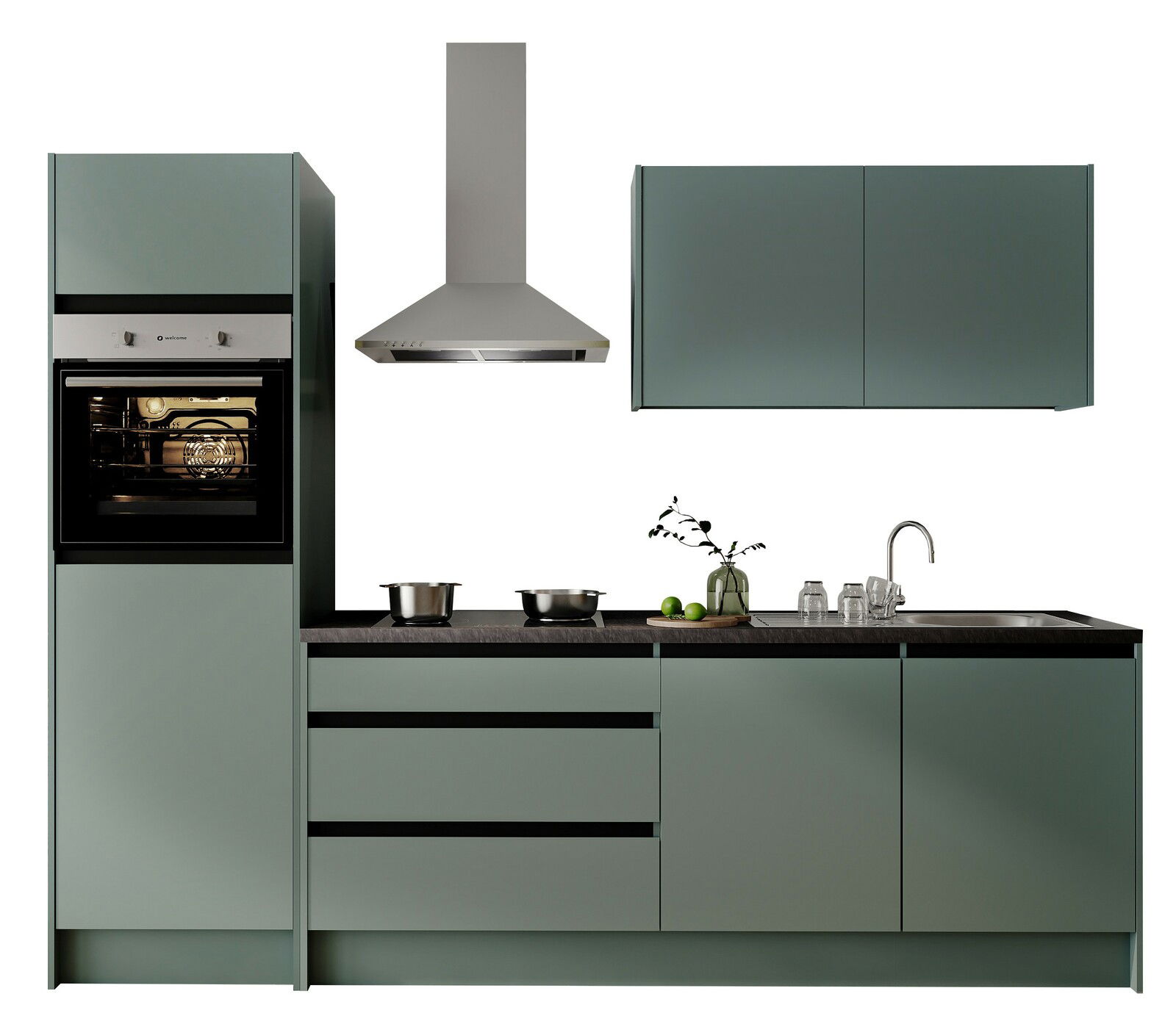Yourkitchen Küchenblock Basis 273 TROJA Moderne Küchenzeile in mattem Grün mit integriertem Backofen, Dunstabzugshaube, Kochfeld und Spüle, frontal betrachtet.