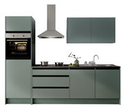 Moderne Küchenzeile in mattem Grün mit integriertem Backofen, Dunstabzugshaube, Kochfeld und Spüle, frontal betrachtet.