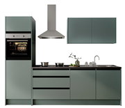 Moderne Küchenzeile in mattem Grün mit integriertem Backofen, Dunstabzugshaube, Kochfeld und Spüle, frontal betrachtet.