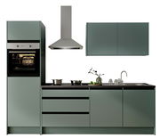 Moderne Küchenzeile in mattem Grün mit integriertem Backofen, Dunstabzugshaube, Kochfeld und Spüle, frontal betrachtet.