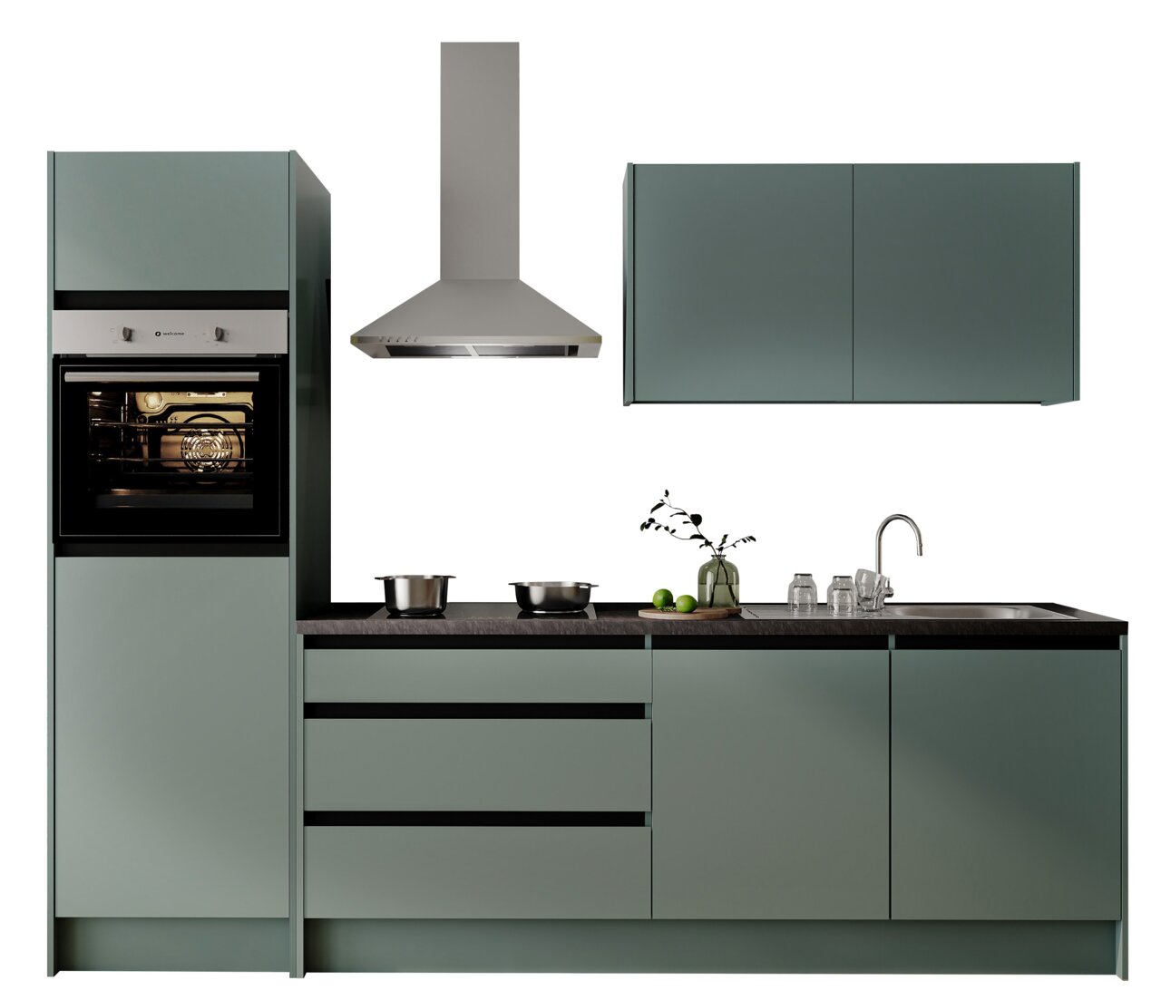 Yourkitchen Keukenblok Basis 273 TROJA Moderne keukenblok in matgroen met ingebouwde oven, afzuigkap, kookplaat en spoelbak, gezien vanaf de voorkant.