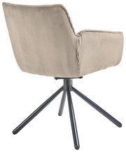 Rückansicht eines Armlehnstuhls mit beigem Stoffbezug und schwarzem Metallgestell, Perspektive von hinten.