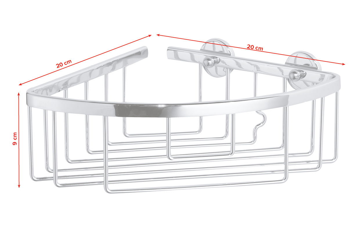 Eckduschkorb aus verchromtem Metall mit den Maßen 20 cm x 20 cm x 9 cm, seitliche Perspektive