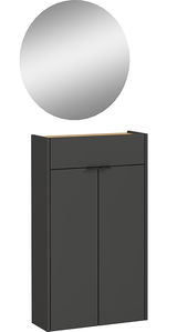 Garderoben-Set AMECA mit rundem Spiegel und modernem, dunklem Schrank, Frontalansicht