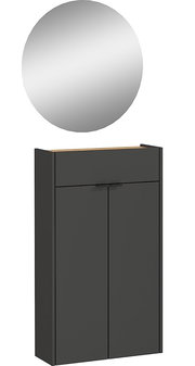 Garderoben-Set AMECA mit rundem Spiegel und modernem, dunklem Schrank, Frontalansicht