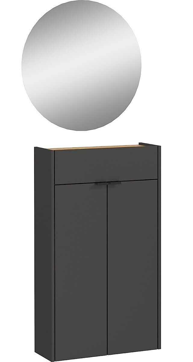 Garderoben-Set AMECA mit rundem Spiegel und modernem, dunklem Schrank, Frontalansicht