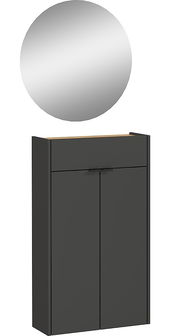 Garderoben-Set AMECA mit rundem Spiegel und modernem, dunklem Schrank, Frontalansicht