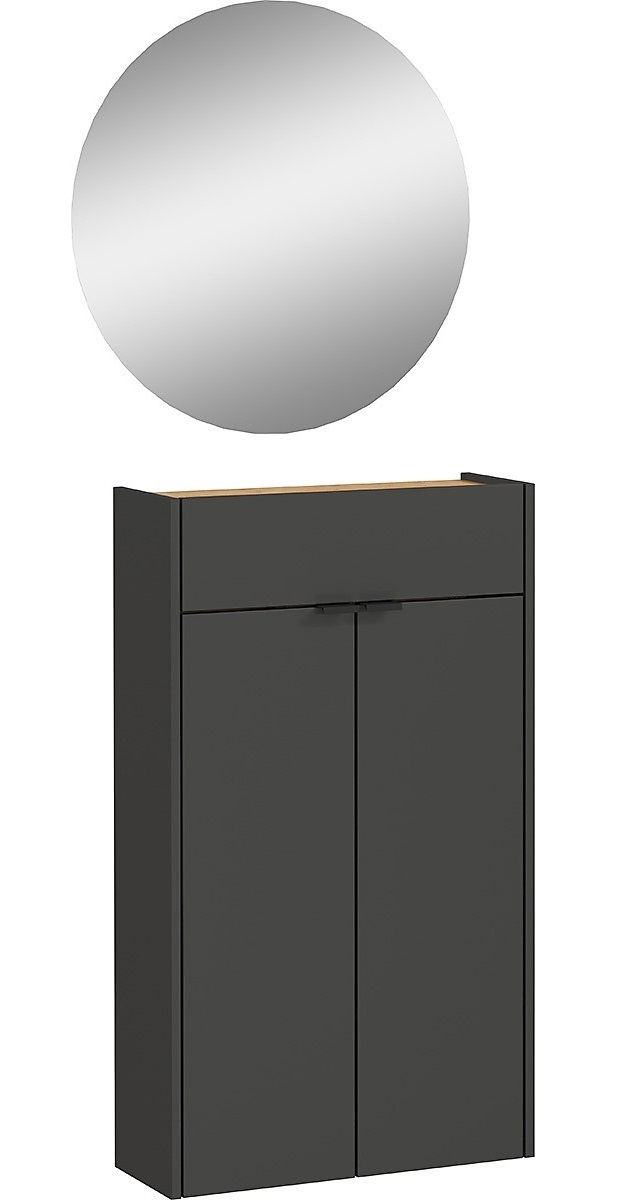 Garderoben-Set AMECA mit rundem Spiegel und modernem, dunklem Schrank, Frontalansicht