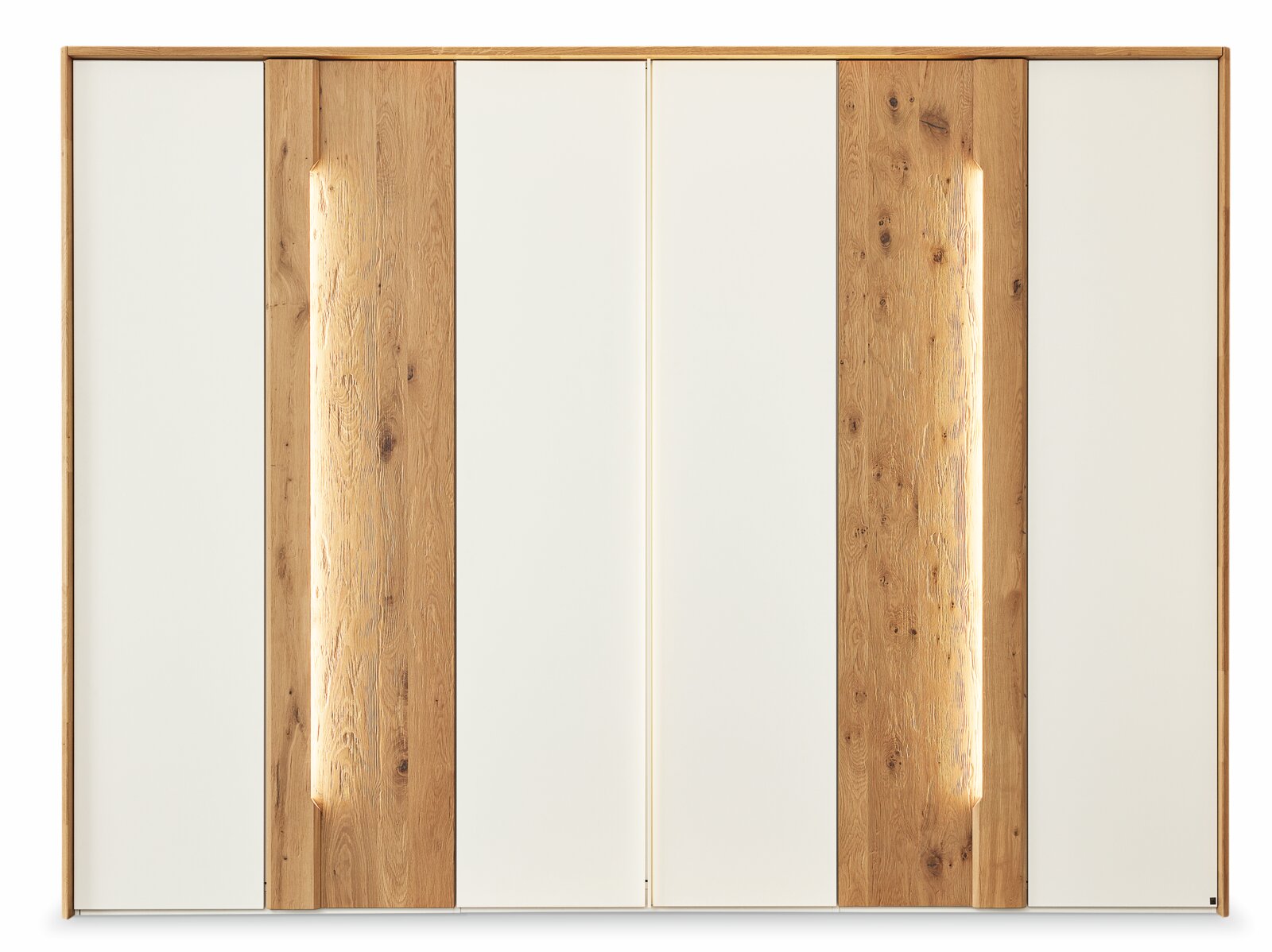 Frontansicht eines sechstürigen Drehtürenschranks mit einer Kombination aus weißen und holzfarbenen Türen.