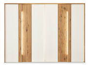 Frontansicht eines sechstürigen Drehtürenschranks mit einer Kombination aus weißen und holzfarbenen Türen.