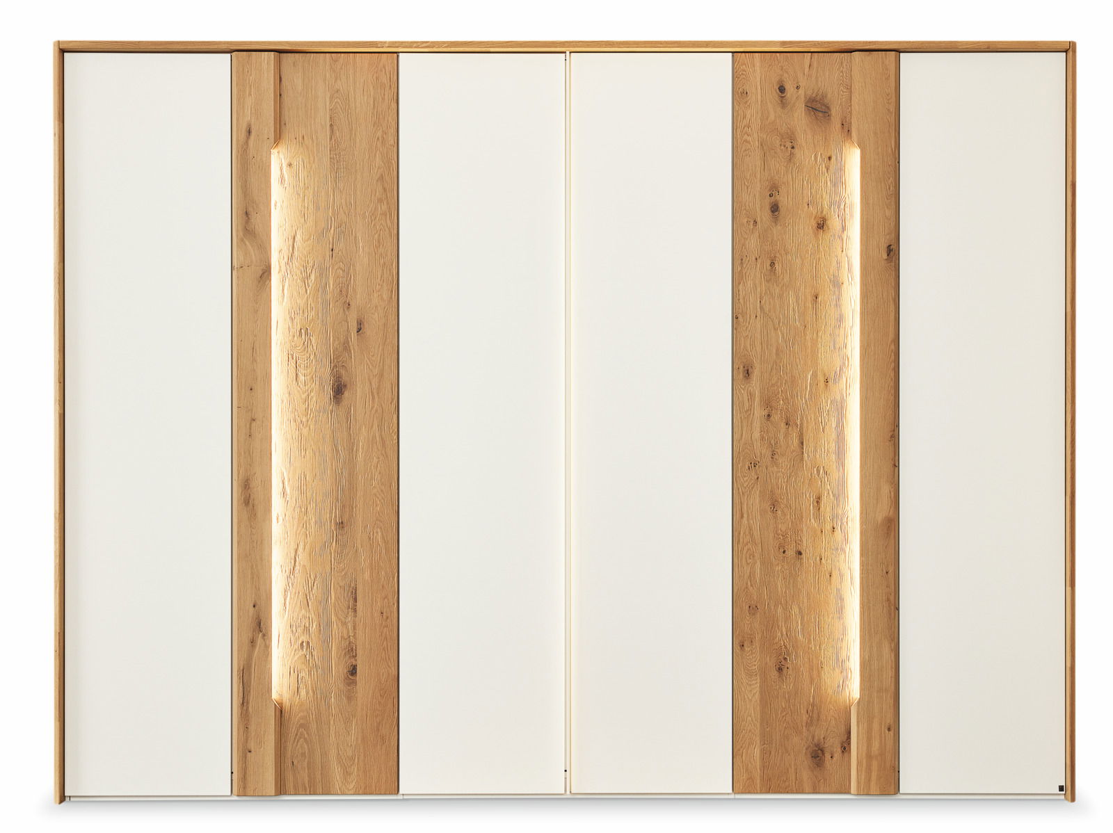 Frontansicht eines sechstürigen Drehtürenschranks mit einer Kombination aus weißen und holzfarbenen Türen.