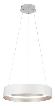 Moderne weiße Pendelleuchte LOOP in runder Form, von unten betrachtet, mit schlanken Aufhängungen und einem eleganten, minimalistischen Design.