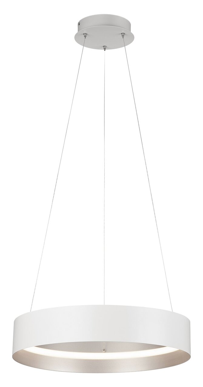 Moderne weiße Pendelleuchte LOOP in runder Form, von unten betrachtet, mit schlanken Aufhängungen und einem eleganten, minimalistischen Design.