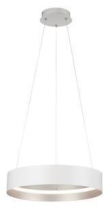 Moderne weiße Pendelleuchte LOOP in runder Form, von unten betrachtet, mit schlanken Aufhängungen und einem eleganten, minimalistischen Design.