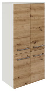 Midischrank 60,2 cm in Holzoptik mit zwei Türen und zwei Schubladen, seitliche Perspektive