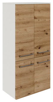 Midischrank 60,2 cm in Holzoptik mit zwei Türen und zwei Schubladen, seitliche Perspektive
