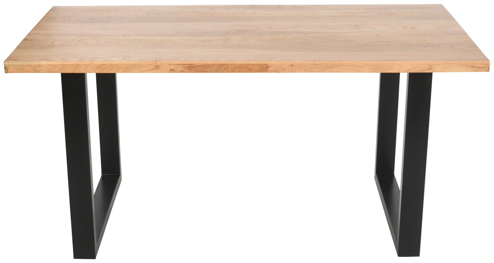 Moderner Esstisch mit Holzplatte und schwarzen Metallbeinen, Frontalansicht