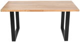 Moderner Esstisch mit Holzplatte und schwarzen Metallbeinen, Frontalansicht