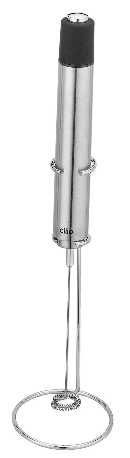 Milchaufschäumer ESPERTO in Edelstahloptik, frontal abgebildet mit schwarzem Griff und spiralförmigem Quirl.