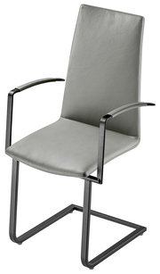 Moderner grauer Sessel mit Metallgestell und Armlehnen, seitliche Perspektive
