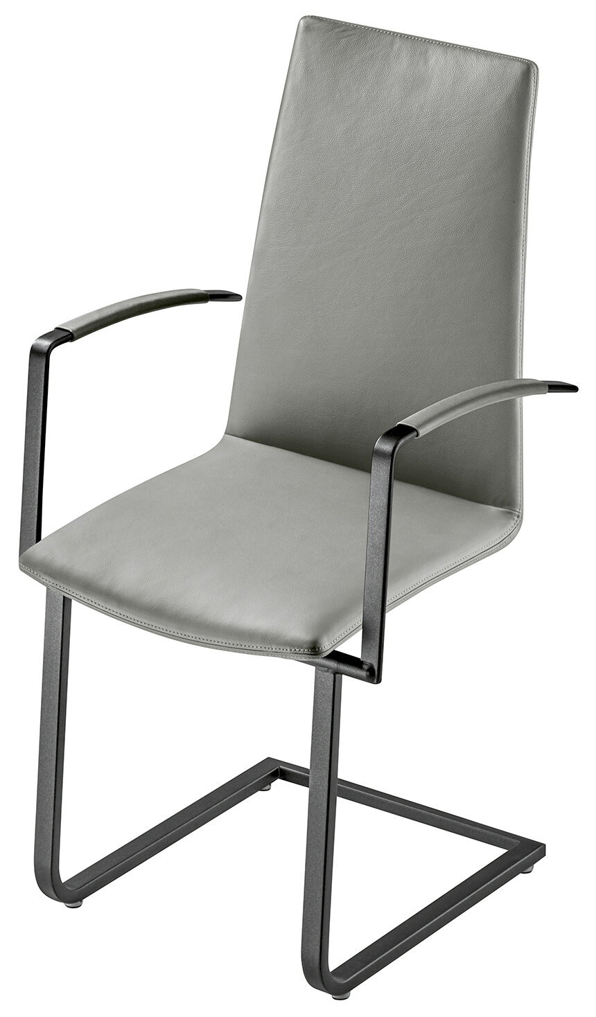 Moderner grauer Sessel mit Metallgestell und Armlehnen, seitliche Perspektive