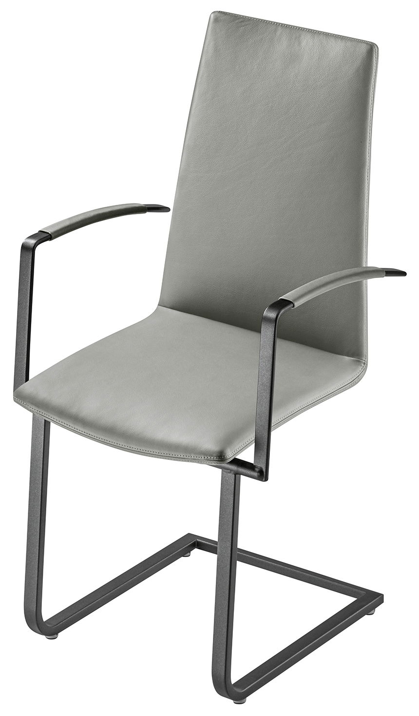Moderner grauer Sessel mit Metallgestell und Armlehnen, seitliche Perspektive