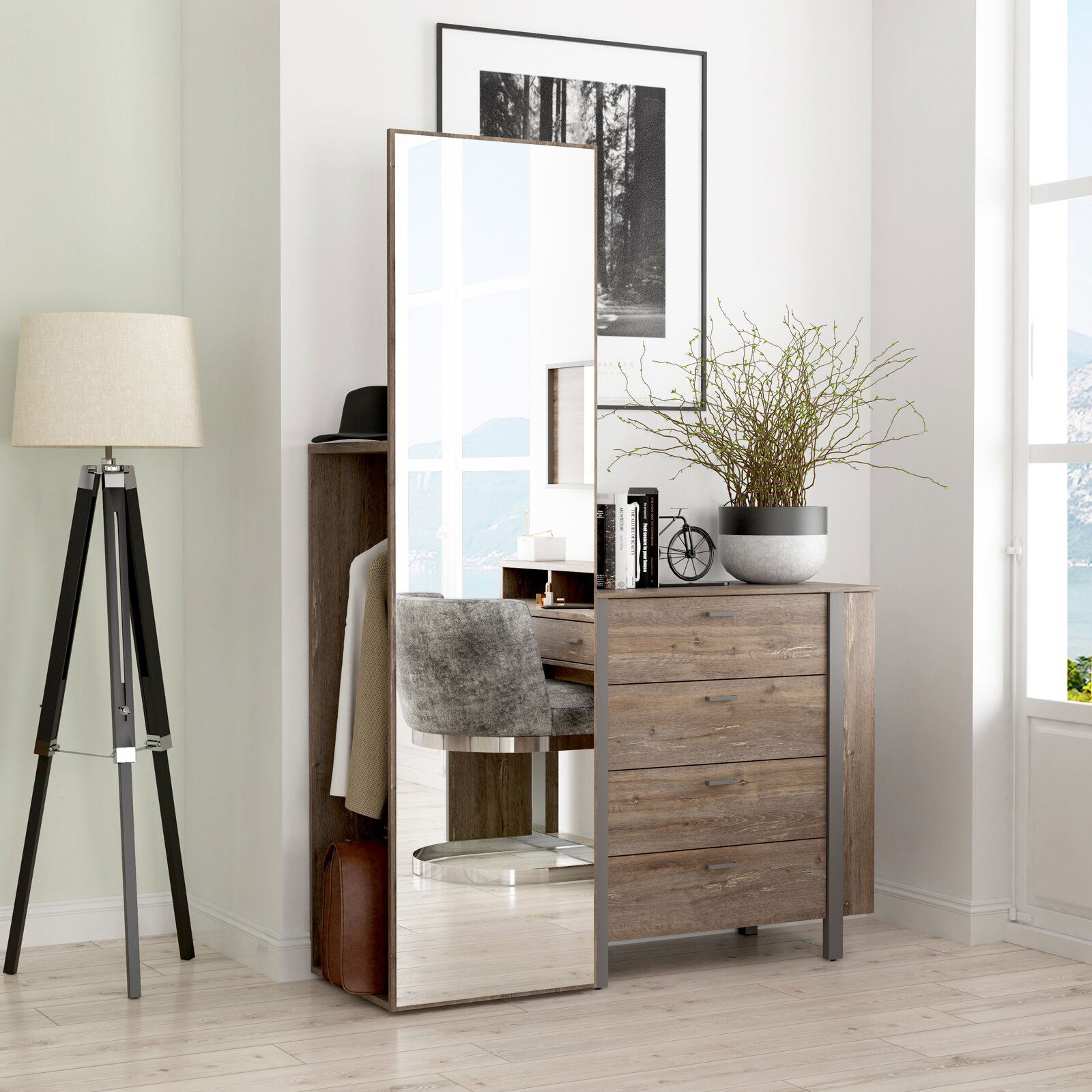 Hom´in Kommode mit Spiegel MANHATTAN Kommode mit Spiegel in einem modernen Raum, seitliche Perspektive