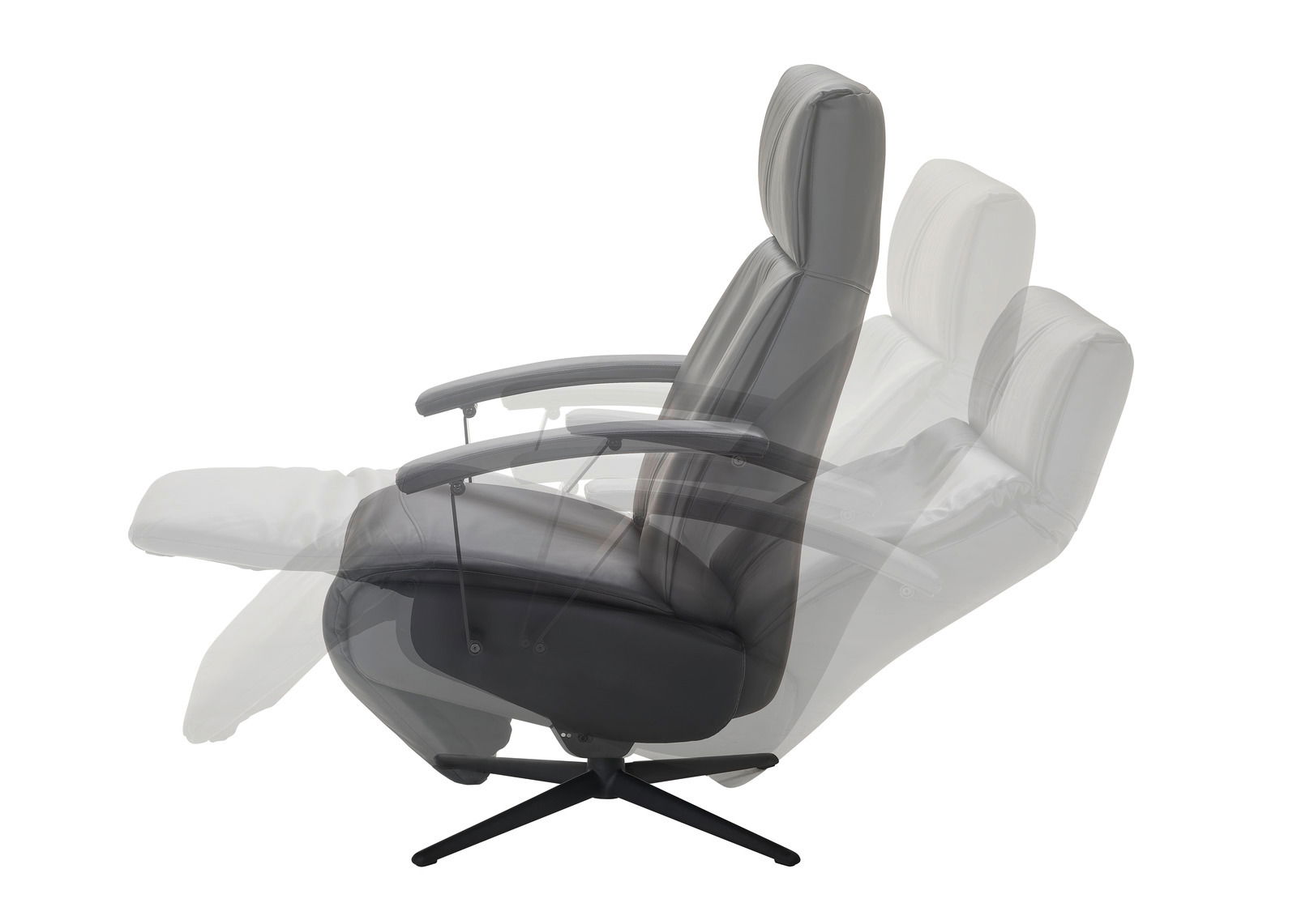 Seitliche Ansicht eines Relaxsessels in verschiedenen Neigungspositionen, zeigt die Verstellbarkeit und den Komfort des Sessels.