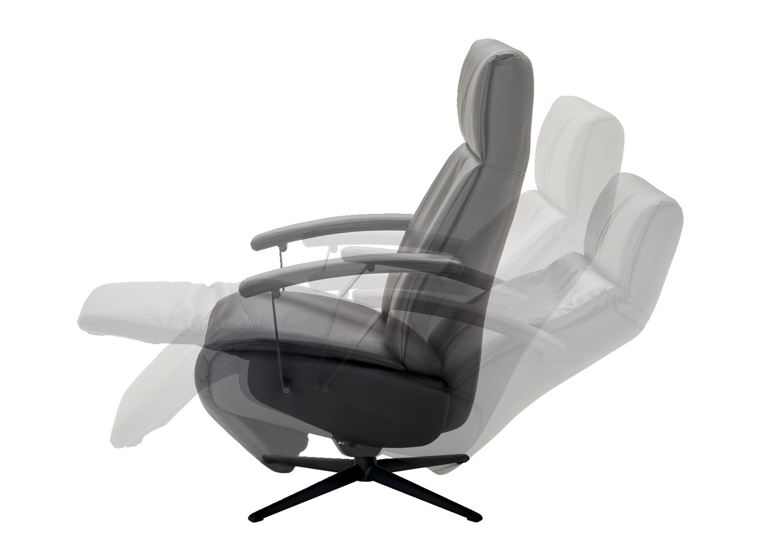 Zijaanzicht van een relaxfauteuil in verschillende hellingsstanden, waarmee de verstelbaarheid en het comfort van de fauteuil worden getoond.