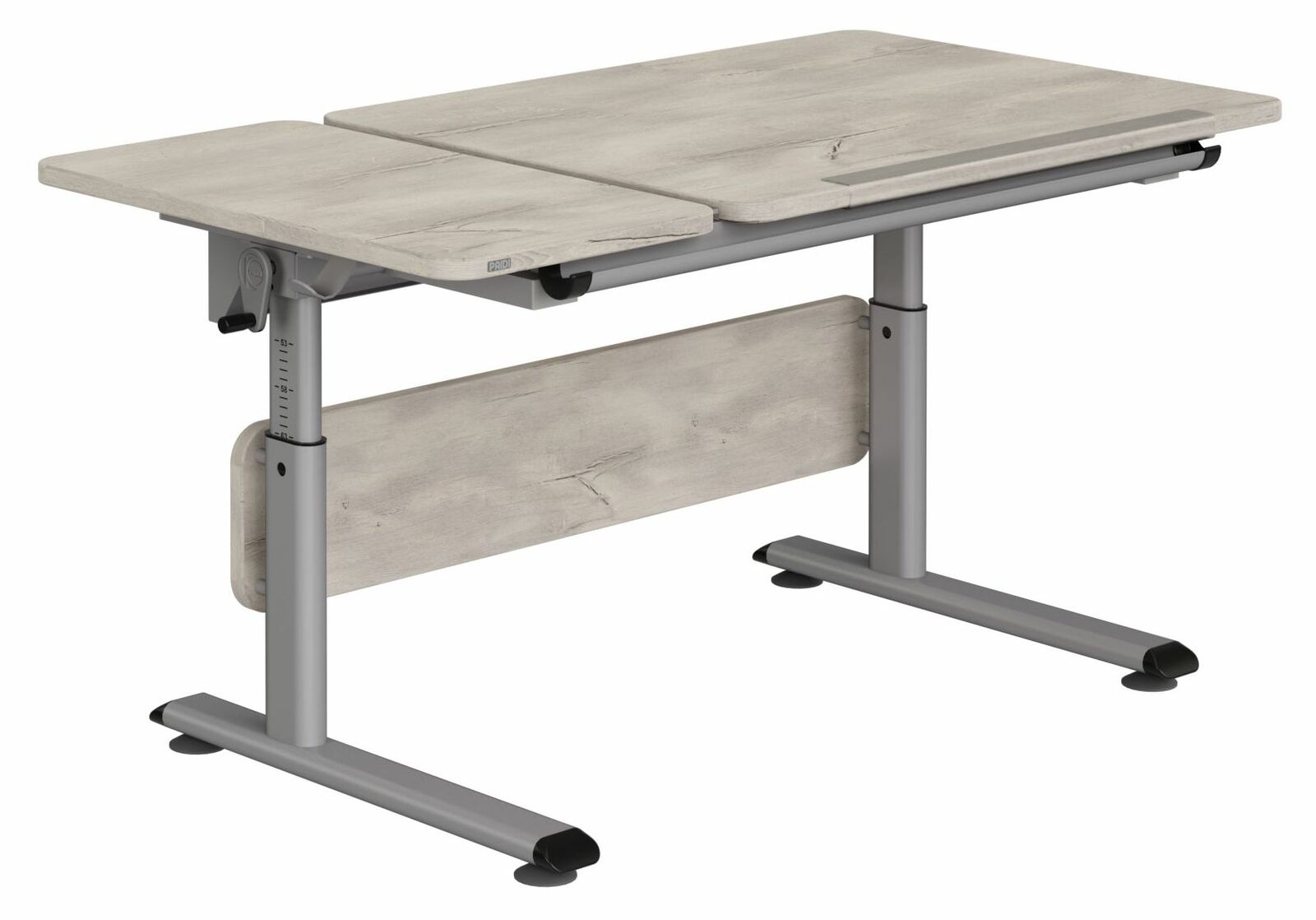 Höhenverstellbarer Schreibtisch aus Holz und Metall, seitliche Perspektive