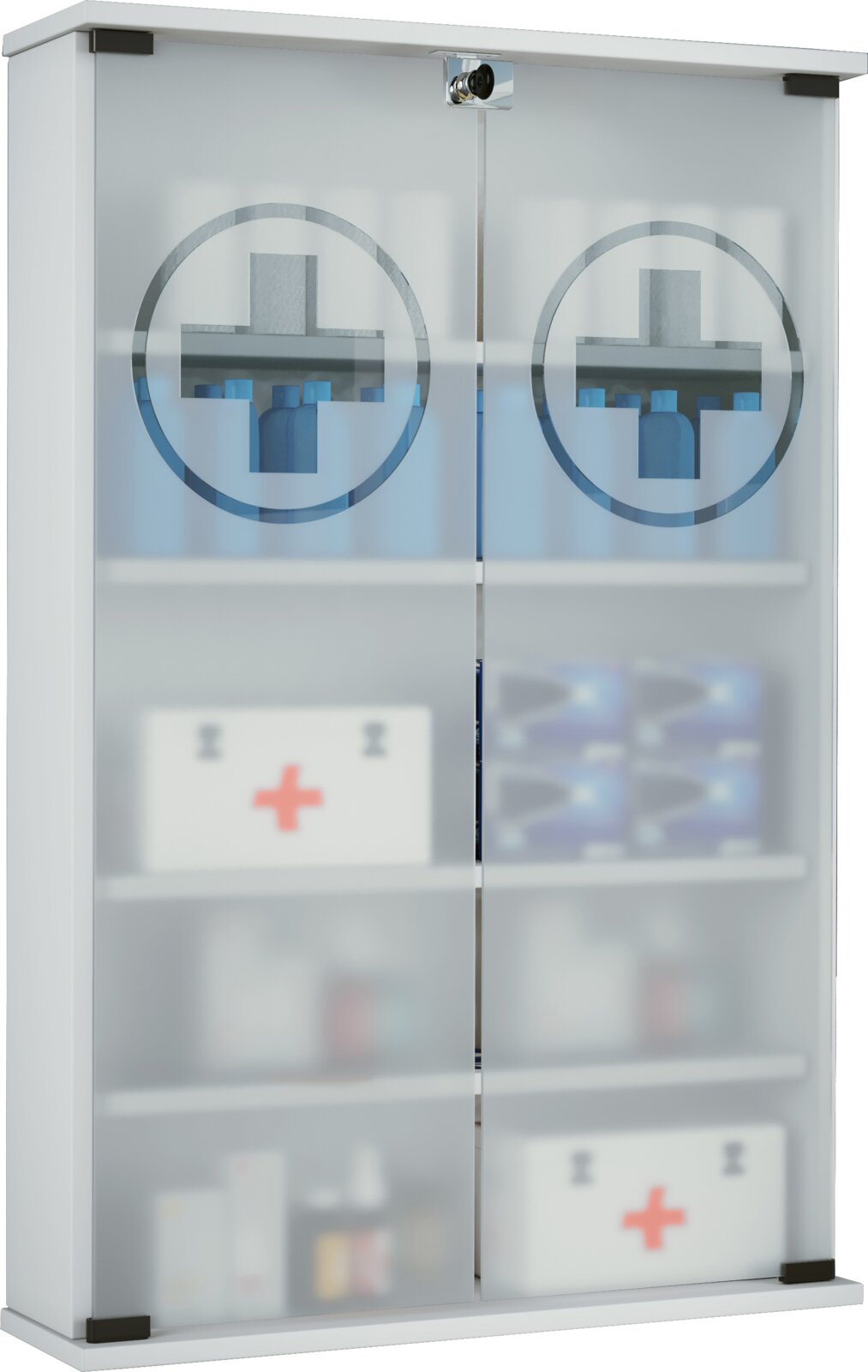 Abschließbarer Medizinschrank/Erste-Hilfe-Schrank mit satinierten Glastüren und Apothekenkreuz, frontale Ansicht leicht von oben, mit sichtbaren Regalböden und Erste-Hilfe-Boxen im Inneren