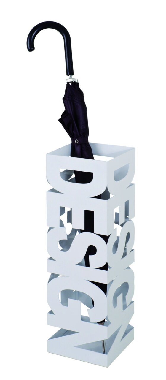 Moderner weißer Schirmständer mit ausgeschnittenem Schriftzug 'DESIGN', frontal abgebildet, mit einem schwarzen Regenschirm darin.